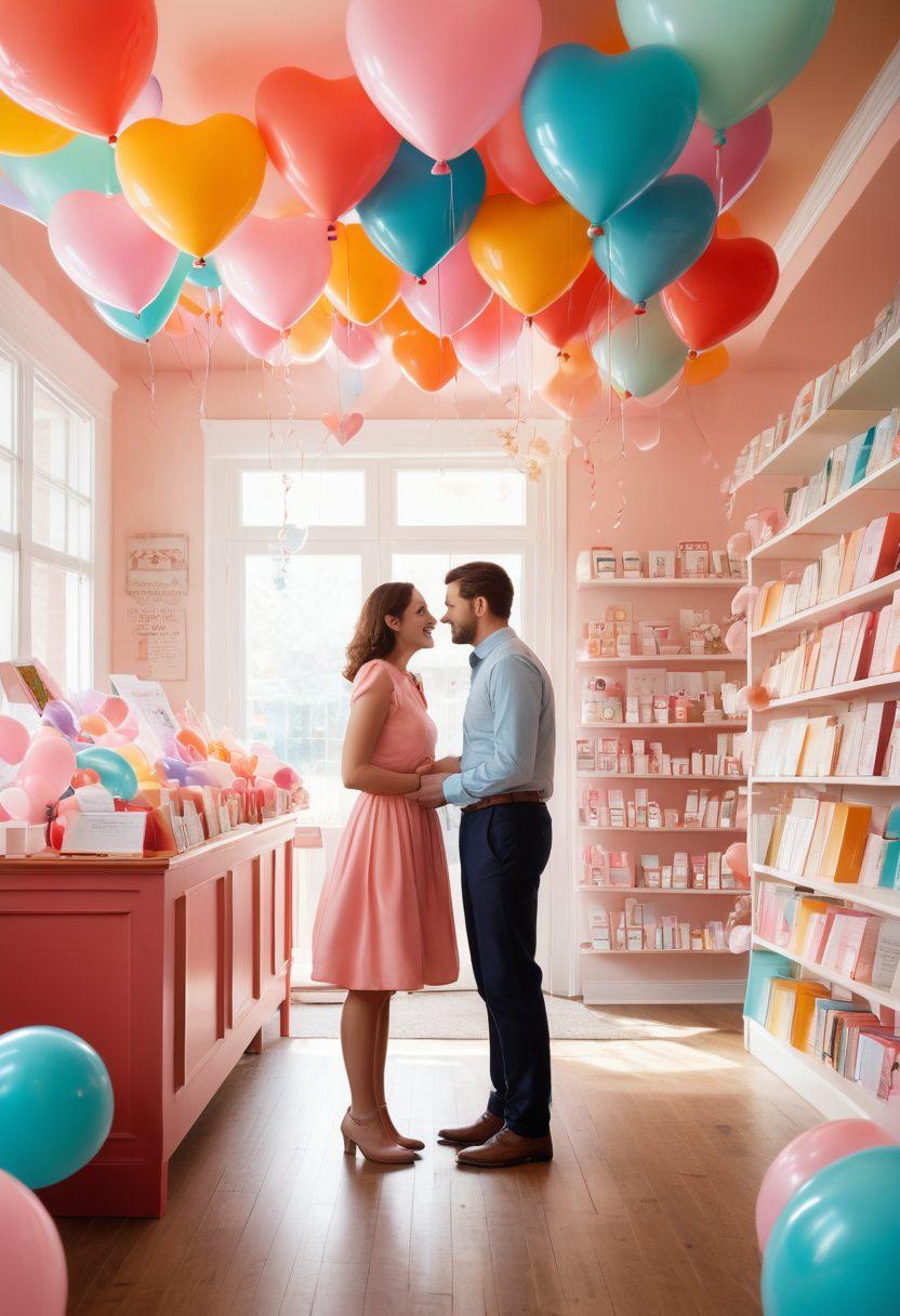 A happy couple browsing together in a whimsical store filled with various insurance documents transformed into heart-shaped balloons, symbolizing love and security. Soft pastel colors fill the scene, conveying warmth and connection, with a backdrop of floating hearts and insurance icons. Bright and cheerful atmosphere with playful elements enhancing the theme of love and protection through insurance. vibrant colors. 3D.
