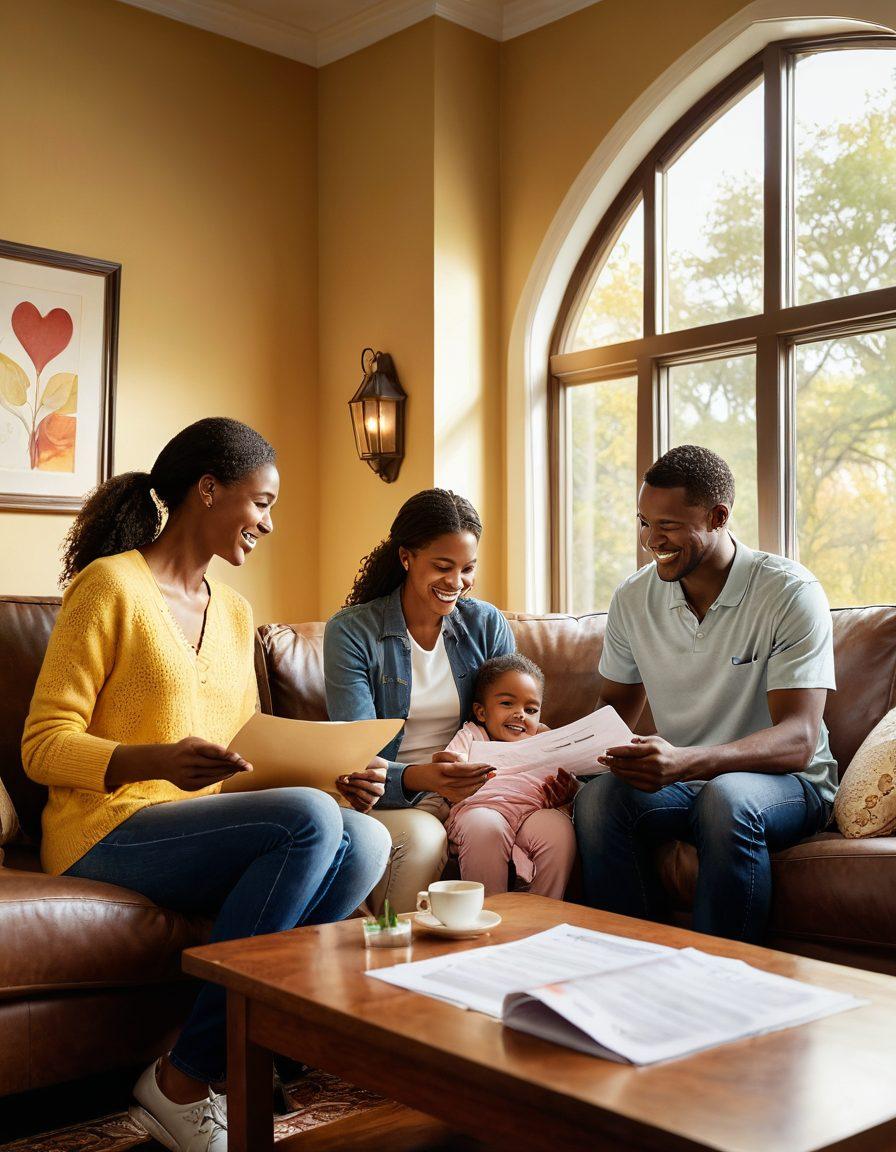A warm, inviting scene of a happy couple and their children looking over insurance documents together in a cozy living room. The couple is smiling and discussing options while a heart-shaped shield symbolizes protection around them. Soft sunlight filters through the window, creating a comforting atmosphere. Illustrate various insurance symbols like home, health, and life insurance floating gently above them. super-realistic. vibrant colors. cozy warm tones.