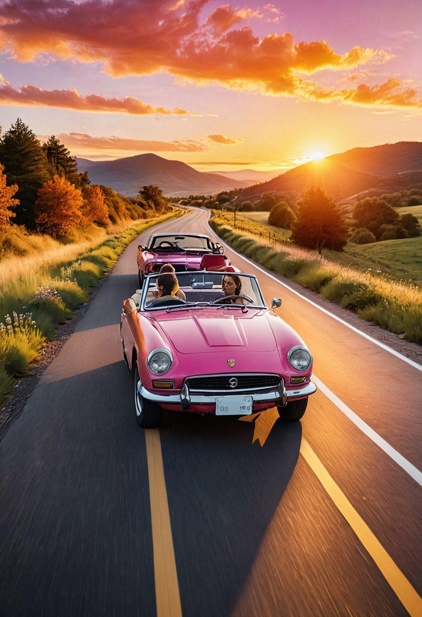 A loving couple driving a car on a scenic road, surrounded by symbols of essential auto coverages like roadside assistance, insurance papers, and safe driving tips. Include a vibrant sunset in the background to emphasize togetherness and adventure. The couple should appear relaxed and happy, showcasing the peace of mind that comes with proper insurance. Illustrate the scene in a super-realistic style with warm, inviting colors.